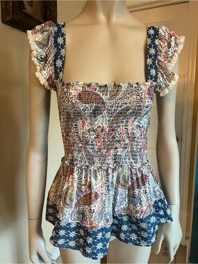 THML Navy and Cream Paisley Smocked Peplum Top
